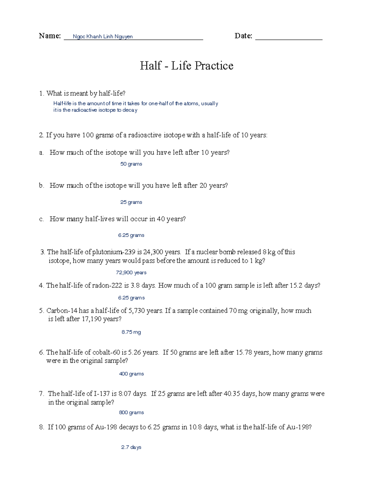 Half Life Made Easy: Practice Problems and Answers Sheet